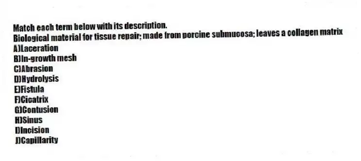 Match each term below with its description.
-Biological material for tissue repair; made from porcine submucosa; leaves a collagen matrix
A)Laceration
B)In-growth mesh
C)Abrasion
D)Hydrolysis
E)Fistula
F)Cicatrix
G)Contusion
H)Sinus
I)Incision
J)Capillarity