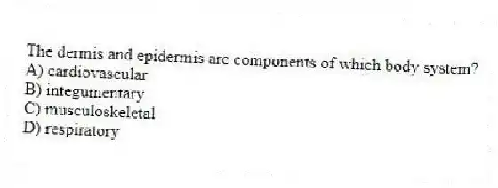 The dermis and epidermis are components of which body system?
A) cardiovascular
B) integumentary
C) musculoskeletal
D) respiratory