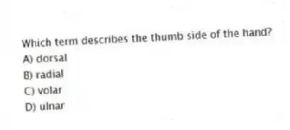 Which term describes the thumb side of the hand?
A) dorsal
B) radial
C) volar
D) ulnar