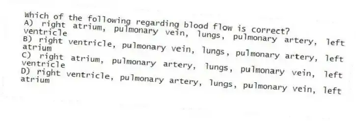 Which of the following regarding blood flow is correct?
A) right atrium, pulmonary vein, lungs, pulmonary artery, left ventricle
B) right ventricle, pulmonary vein, lungs, pulmonary artery, left atrium
C) right atrium, pulmonary artery, lungs, pulmonary vein, left ventricle
D) right ventricle, pulmonary artery, lungs, pulmonary vein, left atrium