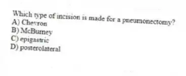 Which type of incision is made for a pneumonectomy?
A) Chevron
B) McBurney
C) epigastric
D) posterolateral