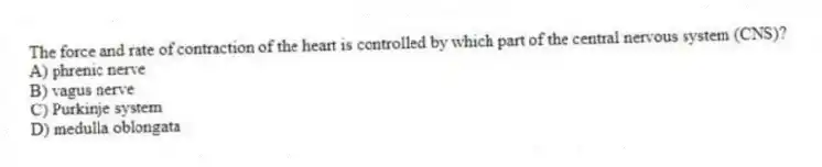 The force and rate of contraction of the heart is controlled by which part of the central nervous system (CNS)?
A) phrenic nerve
B) vagus nerve
C) Purkinje system
D) medulla oblongata