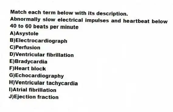 Match each term below with its description.
-Abnormally slow electrical impulses and heartbeat below 40 to 60 beats per minute
A)Asystole
B)Electrocardiograph
C)Perfusion
D)Ventricular fibrillation
E)Bradycardia
F)Heart block
G)Echocardiography
H)Ventricular tachycardia
I)Atrial fibrillation
J)Ejection fraction