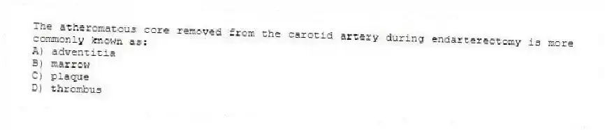 The atheromatous core removed from the carotid artery during endarterectomy is more commonly known as:
A) adventitia
B) marrow
C) plaque
D) thrombus
