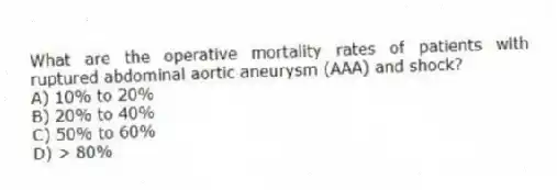 What are the operative mortality rates of patients with ruptured abdominal aortic aneurysm (AAA) and shock?
A) 10% to 20%
B) 20% to 40%
C) 50% to 60%
D) > 80%