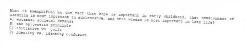 What is exemplified by the fact that hope is important in early childhood, that development of identity is most important in adolescence, and that wisdom is most important in late life?
A) external societal demands
B) the epigenetic principle
C) initiative vs. guilt
D) identity vs. identity confusion