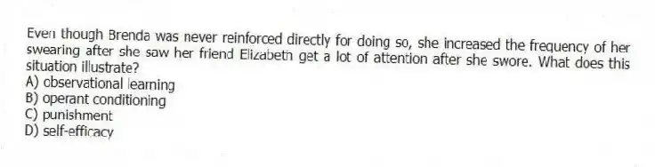 Even though Brenda was never reinforced directly for doing so, she increased the frequency of her swearing after she saw her friend Elizabeth get a lot of attention after she swore. What does this situation illustrate?
A) observational learning
B) operant conditioning
C) punishment
D) self-efficacy