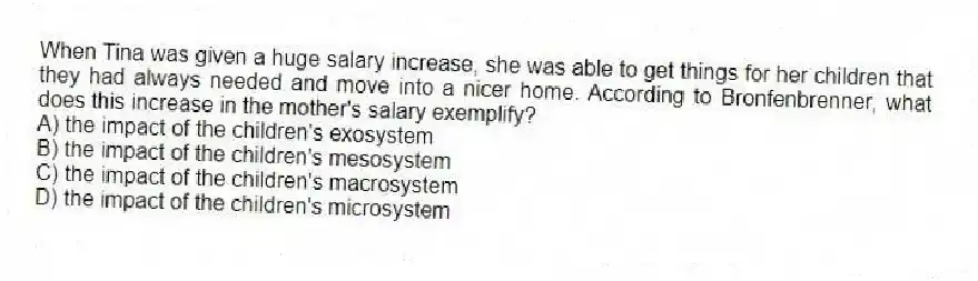 When Tina was given a huge salary increase, she was able to get things for her children that they had always needed and move into a nicer home. According to Bronfenbrenner, what does this increase in the mother's salary exemplify?
A) the impact of the children's exosystem
B) the impact of the children's mesosystem
C) the impact of the children's macrosystem
D) the impact of the children's microsystem