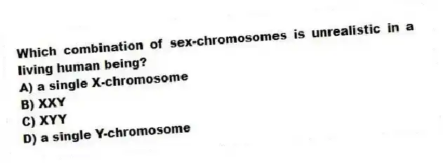 Which combination of sex-chromosomes is unrealistic in a living human being?
A) a single X-chromosome
B) XXY
C) XYY
D) a single Y-chromosome