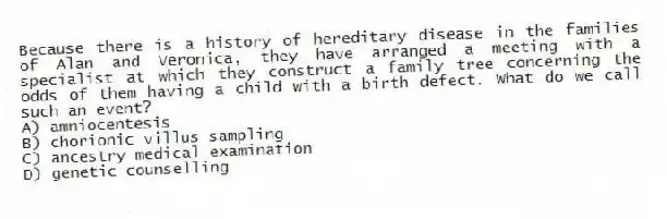 Because there is a history of hereditary disease in the families of Alan and Veronica, they have arranged a meeting with a specialist at which they construct a family tree concerning the odds of them having a child with a birth defect. What do we call such an event?
A) amniocentesis
B) chorionic villus sampling
C) ancestry medical examination
D) genetic counselling