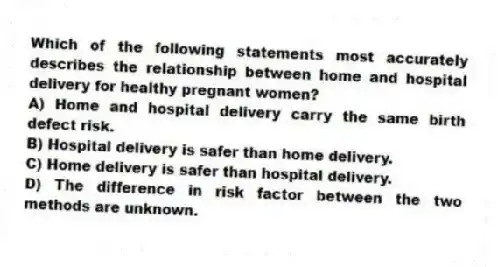 Which of the following statements most accurately describes the relationship between home and hospital delivery for healthy pregnant women?
A) Home and hospital delivery carry the same birth defect risk.
B) Hospital delivery is safer than home delivery.
C) Home delivery is safer than hospital delivery.
D) The difference in risk factor between the two methods are unknown.