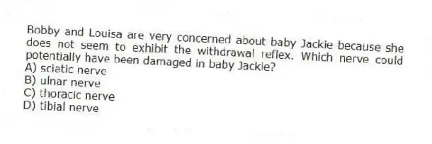Bobby and Louisa are very concerned about baby Jackie because she does not seem to exhibit the withdrawal reflex. Which nerve could potentially have been damaged in baby Jackie?
A) sciatic nerve
B) ulnar nerve
C) thoracic nerve
D) tibial nerve