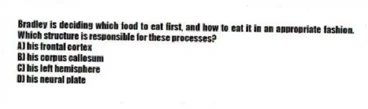 Bradley is deciding which food to eat first, and how to eat it in an appropriate fashion. Which structure is responsible for these processes?
A) his frontal cortex
B) his corpus callosum
C) his left hemisphere
D) his neural plate