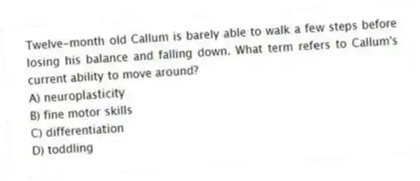 Twelve-month old Callum is barely able to walk a few steps before losing his balance and falling down. What term refers to Callum's current ability to move around?
A) neuroplasticity
B) fine motor skills
C) differentiation
D) toddling