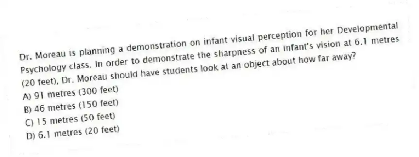 Dr. Moreau is planning a demonstration on infant visual perception for her Developmental Psychology class. In order to demonstrate the sharpness of an infant's vision at 6.1 metres (20 feet), Dr. Moreau should have students look at an object about how far away?
A) 91 metres (300 feet)
B) 46 metres (150 feet)
C) 15 metres (50 feet)
D) 6.1 metres (20 feet)