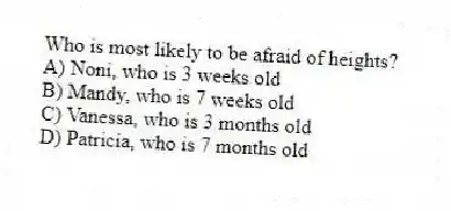 Who is most likely to be afraid of heights?
A) Noni, who is 3 weeks old
B) Mandy, who is 7 weeks old
C) Vanessa, who is 3 months old
D) Patricia, who is 7 months old