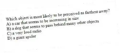 Which object is most likely to be perceived as farthest away?
A) a car that seems to be increasing in size
B) a dog that seems to pass behind many other objects
C) a very loud radio
D) a giant spider