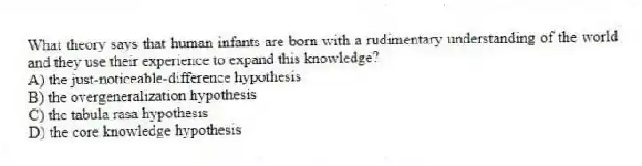What theory says that human infants are born with a rudimentary understanding of the world and they use their experience to expand this knowledge?
A) the just-noticeable-difference hypothesis
B) the overgeneralization hypothesis
C) the tabula rasa hypothesis
D) the core knowledge hypothesis