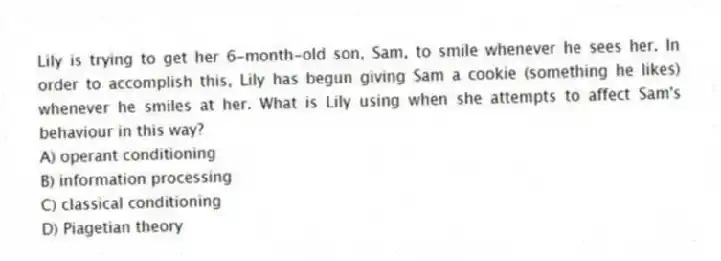Lily is trying to get her 6-month-old son, Sam, to smile whenever he sees her. In order to accomplish this, Lily has begun giving Sam a cookie (something he likes) whenever he smiles at her. What is Lily using when she attempts to affect Sam's behaviour in this way?
A) operant conditioning
B) information processing
C) classical conditioning
D) Piagetian theory
