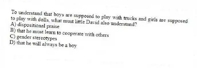 To understand that boys are supposed to play with trucks and girls are supposed to play with dolls, what must little David also understand?
A) dispositional praise
B) that he must learn to cooperate with others
C) gender stereotypes
D) that he will always be a boy