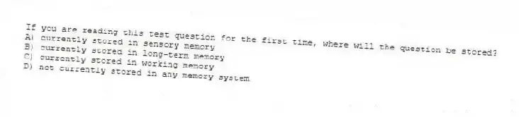 If you are reading this test question for the first time, where will the question be stored?
A) currently stored in sensory memory
B) currently stored in long-term memory
C) currently stored in working memory
D) not currently stored in any memory system