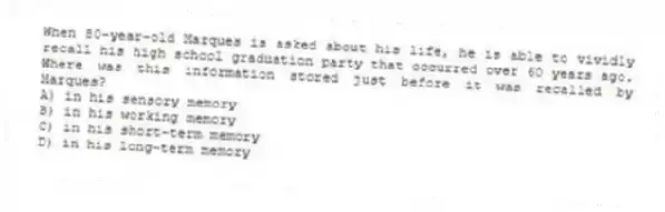 When 80-year-old Marques is asked about his life, he is able to vividly recall his high school graduation party that occurred over 60 years ago. Where was this information stored just before it was recalled by Marques?
A) in his sensory memory
B) in his working memory
C) in his short-term memory
D) in his long-term memory