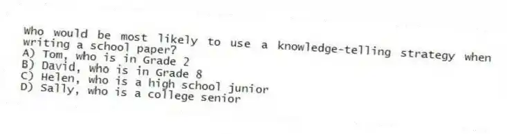 Who would be most likely to use a knowledge-telling strategy when writing a school paper?
A) Tom, who is in Grade 2
B) David, who is in Grade 8
C) Helen, who is a high school junior
D) Sally, who is a college senior