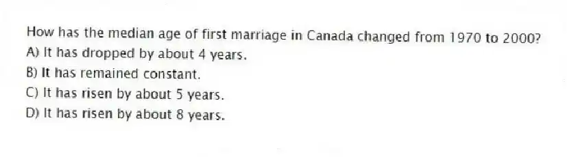 How has the median age of first marriage in Canada changed from 1970 to 2000?
A) It has dropped by about 4 years.
B) It has remained constant.
C) It has risen by about 5 years.
D) It has risen by about 8 years.