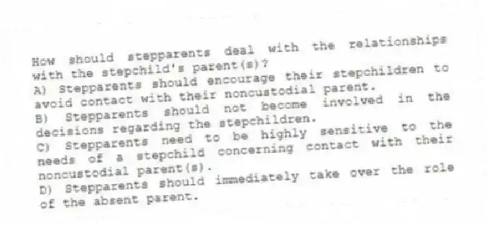 How should stepparents deal with the relationships with the stepchild's parent(s)?
A) Stepparents should encourage their stepchildren to avoid contact with their noncustodial parent.
B) Stepparents should not become involved in the decisions regarding the stepchildren.
C) Stepparents need to be highly sensitive to the needs of a stepchild concerning contact with their noncustodial parent(s).
D) Stepparents should immediately take over the role of the absent parent.