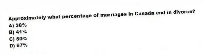 Approximately what percentage of marriages in Canada end in divorce?
A) 38%
B) 41%
C) 50%
D) 67%