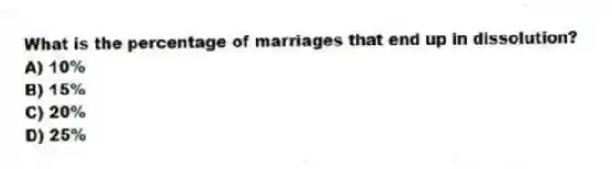What is the percentage of marriages that end up in dissolution?
A) 10%
B) 15%
C) 20%
D) 25%