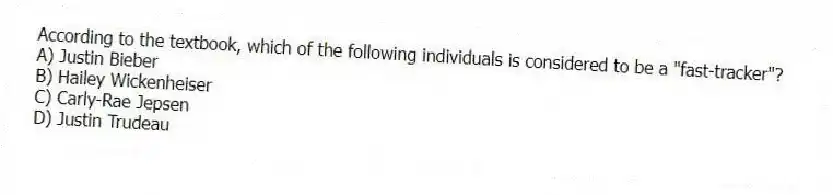 According to the textbook, which of the following individuals is considered to be a "fast-tracker"?
A) Justin Bieber
B) Hailey Wickenheiser
C) Carly-Rae Jepsen
D) Justin Trudeau
