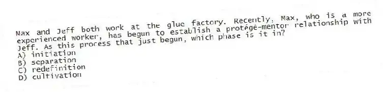 Max and Jeff both work at the glue factory. Recently, Max, who is a more experienced worker, has begun to establish a protégé-mentor relationship with Jeff. As this process that just begun, which phase is it in?
A) initiation
B) separation
C) redefinition
D) cultivation
