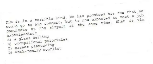 Tim is in a terrible bind. He has promised his son that he would go to his concert, but is now expected to meet a job candidate at the airport at the same time. What is Tim experiencing?
A) a glass ceiling
B) occupational priorities
C) career plateauing
D) work-family conflict