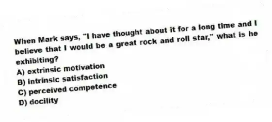 When Mark says, "I have thought about it for a long time and I believe that I would be a great rock and roll star," what is he exhibiting?
A) extrinsic motivation
B) intrinsic satisfaction
C) perceived competence
D) docility