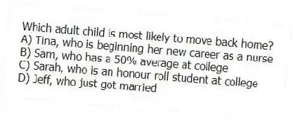 Which adult child is most likely to move back home?
A) Tina, who is beginning her new career as a nurse
B) Sam, who has a 50% average at college
C) Sarah, who is an honour roll student at college
D) Jeff, who just got married