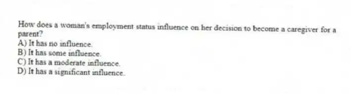 How does a woman's employment status influence on her decision to become a caregiver for a parent?
A) It has no influence.
B) It has some influence.
C) It has a moderate influence.
D) It has a significant influence.