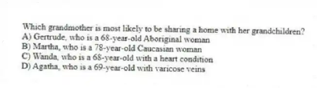 Which grandmother is most likely to be sharing a home with her grandchildren?
A) Gertrude, who is a 68-year-old Aboriginal woman
B) Martha, who is a 78-year-old Caucasian woman
C) Wanda, who is a 68-year-old with a heart condition
D) Agatha, who is a 69-year-old with varicose veins