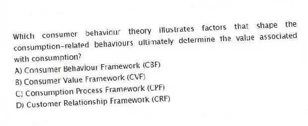 Which consumer behaviour theory illustrates factors that shape the consumption-related behaviours ultimately determine the value associated with consumption?
A) Consumer Behaviour Framework (CBF)
B) Consumer Value Framework (CVF)
C) Consumption Process Framework (CPF)
D) Customer Relationship Framework (CRF)