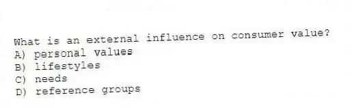 What is an external influence on consumer value?
A) personal values
B) lifestyles
C) needs
D) reference groups