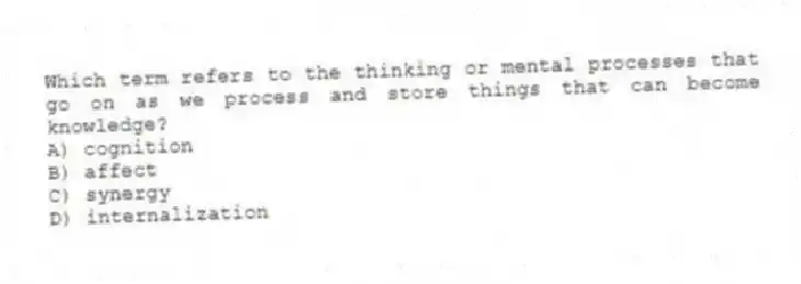 Which term refers to the thinking or mental processes that go on as we process and store things that can become knowledge?
A) cognition
B) affect
C) synergy
D) internalization