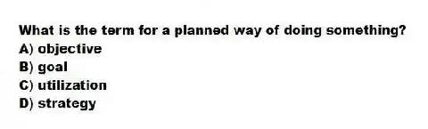 What is the term for a planned way of doing something?
A) objective
B) goal
C) utilization
D) strategy