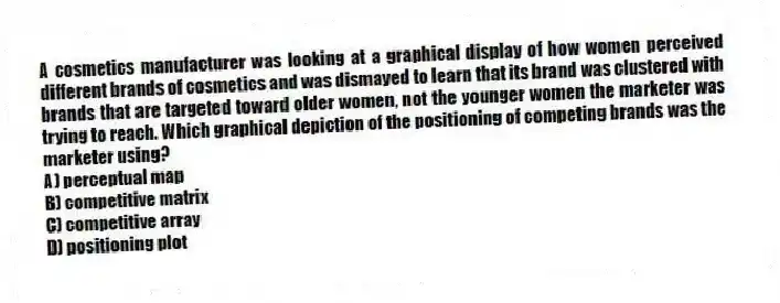 A cosmetics manufacturer was looking at a graphical display of how women perceived different brands of cosmetics and was dismayed to learn that its brand was clustered with brands that are targeted toward older women, not the younger women the marketer was trying to reach. Which graphical depiction of the positioning of competing brands was the marketer using?
A) perceptual map
B) competitive matrix
C) competitive array
D) positioning plot