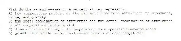 What do the x- and y-axes on a perceptual map represent?
A) how competitors perform on the two most important attributes to consumers, price, and quality
B) the ideal combination of attributes and the actual combination of attributes of all competitors in the market
C) dimensions used to separate competitors on a specific characteristic
D) growth rate of the market and market shares of each competitor