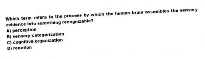 Which term refers to the process by which the human brain assembles the sensory evidence into something recognizable?
A) perception
B) sensory categorization
C) cognitive organization
D) reaction