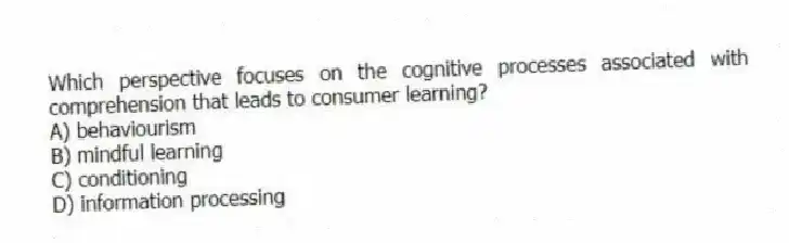 Which perspective focuses on the cognitive processes associated with comprehension that leads to consumer learning?
A) behaviourism
B) mindful learning
C) conditioning
D) information processing