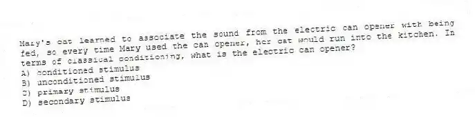 Mary's cat learned to associate the sound from the electric can opener with being fed, so every time Mary used the can opener, her cat would run into the kitchen. In terms of classical conditioning, what is the electric can opener?
A) conditioned stimulus
B) unconditioned stimulus
C) primary stimulus
D) secondary stimulus