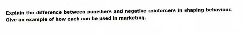Explain the difference between punishers and negative reinforcers in shaping behaviour. Give an example of how each can be used in marketing.