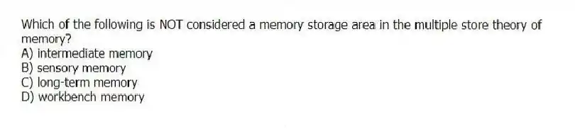 Which of the following is NOT considered a memory storage area in the multiple store theory of memory?
A) intermediate memory
B) sensory memory
C) long-term memory
D) workbench memory