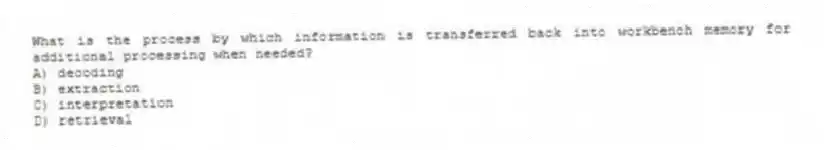 What is the process by which information is transferred back into workbench memory for additional processing when needed?
A) decoding
B) extraction
C) interpretation
D) retrieval
